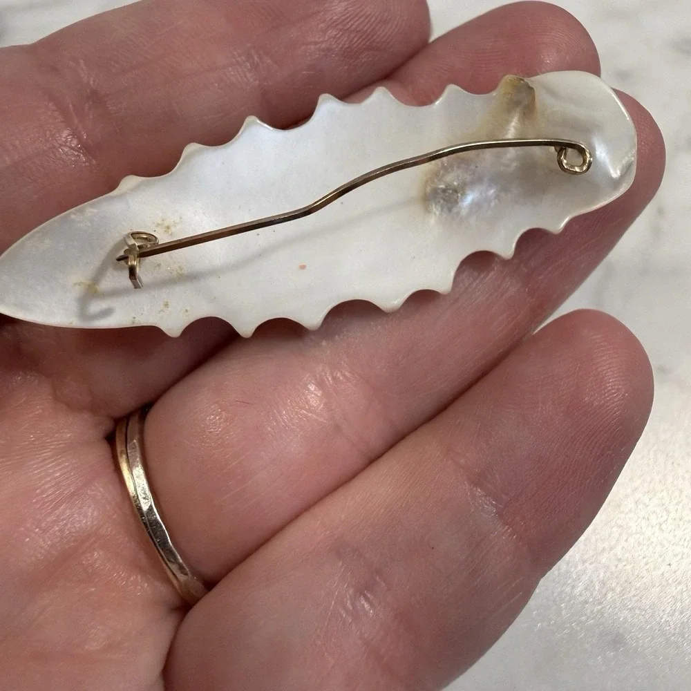 Vintage Gold Filled Wire Wrap Mother of Pearl Shell Carved Leaf Pin Brooch